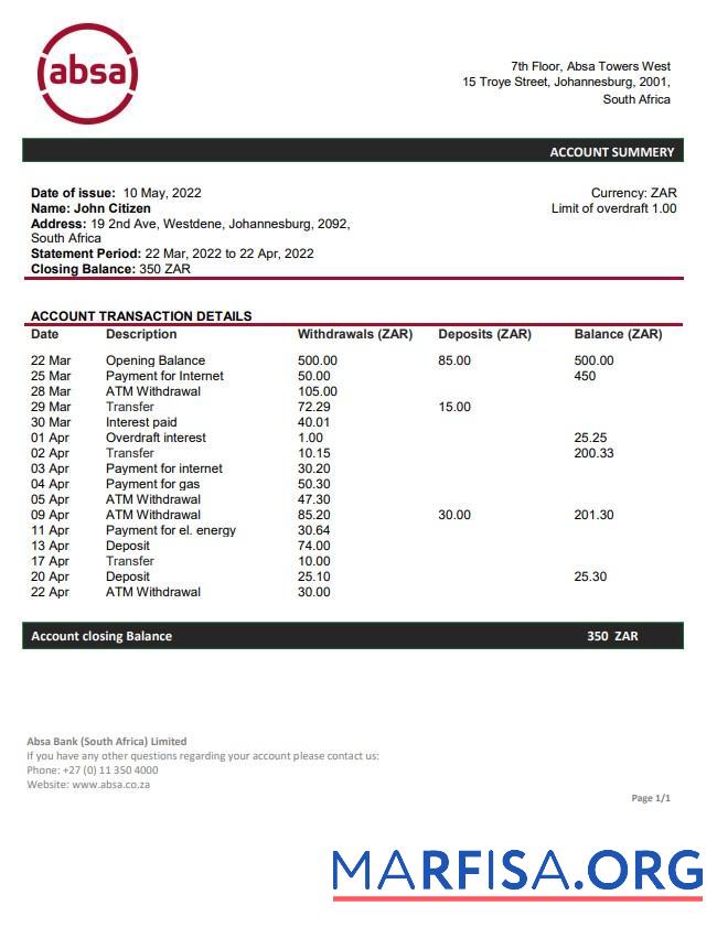 Downloadable South Africa ABSA bank statement word example